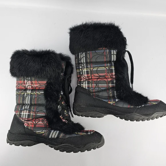 Coach Women's Jennie Q522 Signature Plaid Rabbit Fur Trimmed Winter Boots 10B - Picture 5 of 8